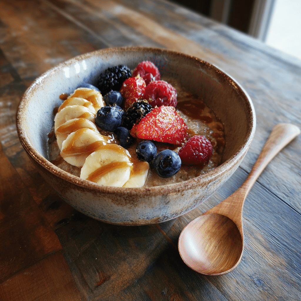 Brown Sugar Overnight Oats served with bananas and berries