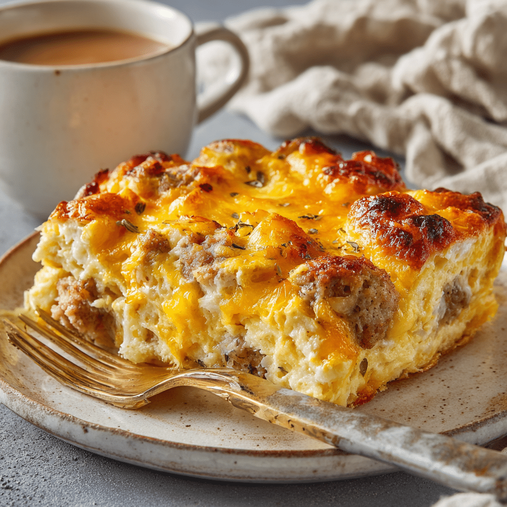 Cheesy Sausage Breakfast Casserole Delight: A Crowd-Pleasing Morning Treat 5 Plated serving of Cheesy Sausage Breakfast Casserole with fork