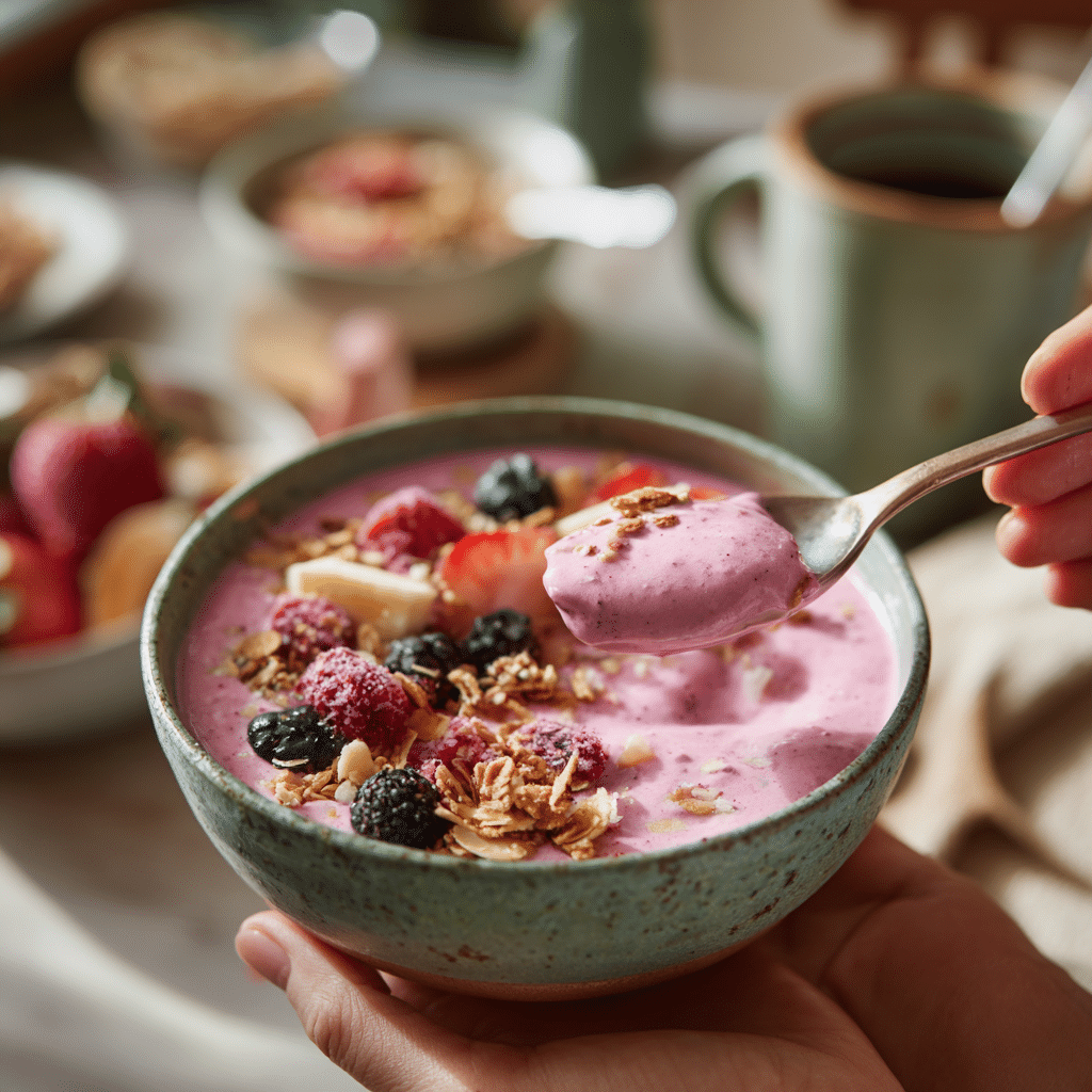 Serving a 5-Minute Fruit Smoothie Bowl with spoonful of toppings