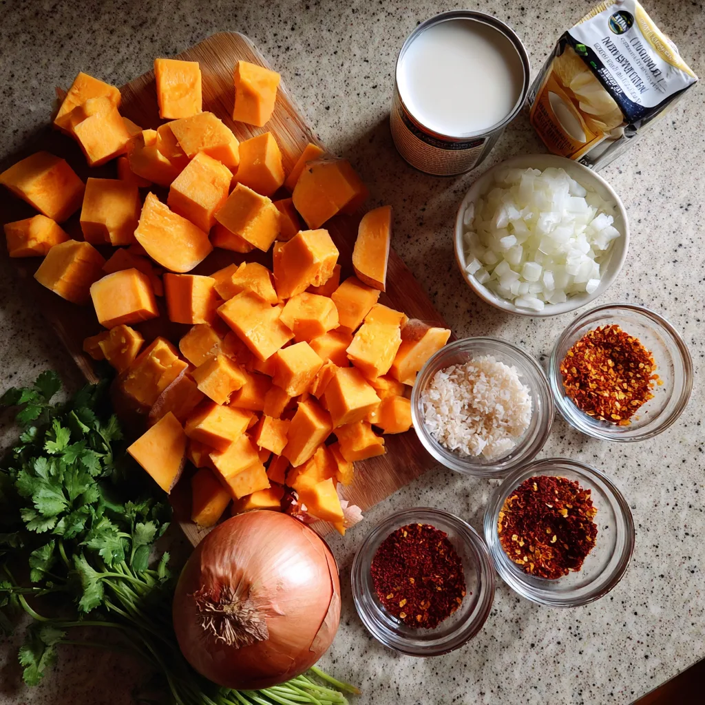 Ingredients on a counter for Spicy Butternut Squash and Sweet Potato Soup