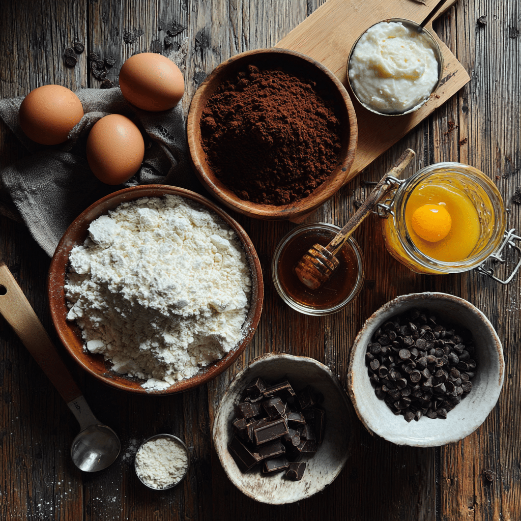Chocolate Cake Delight: Scrumptious, Easy, and Irresistible Every Time 3 Chocolate Cake ingredients on wooden counter