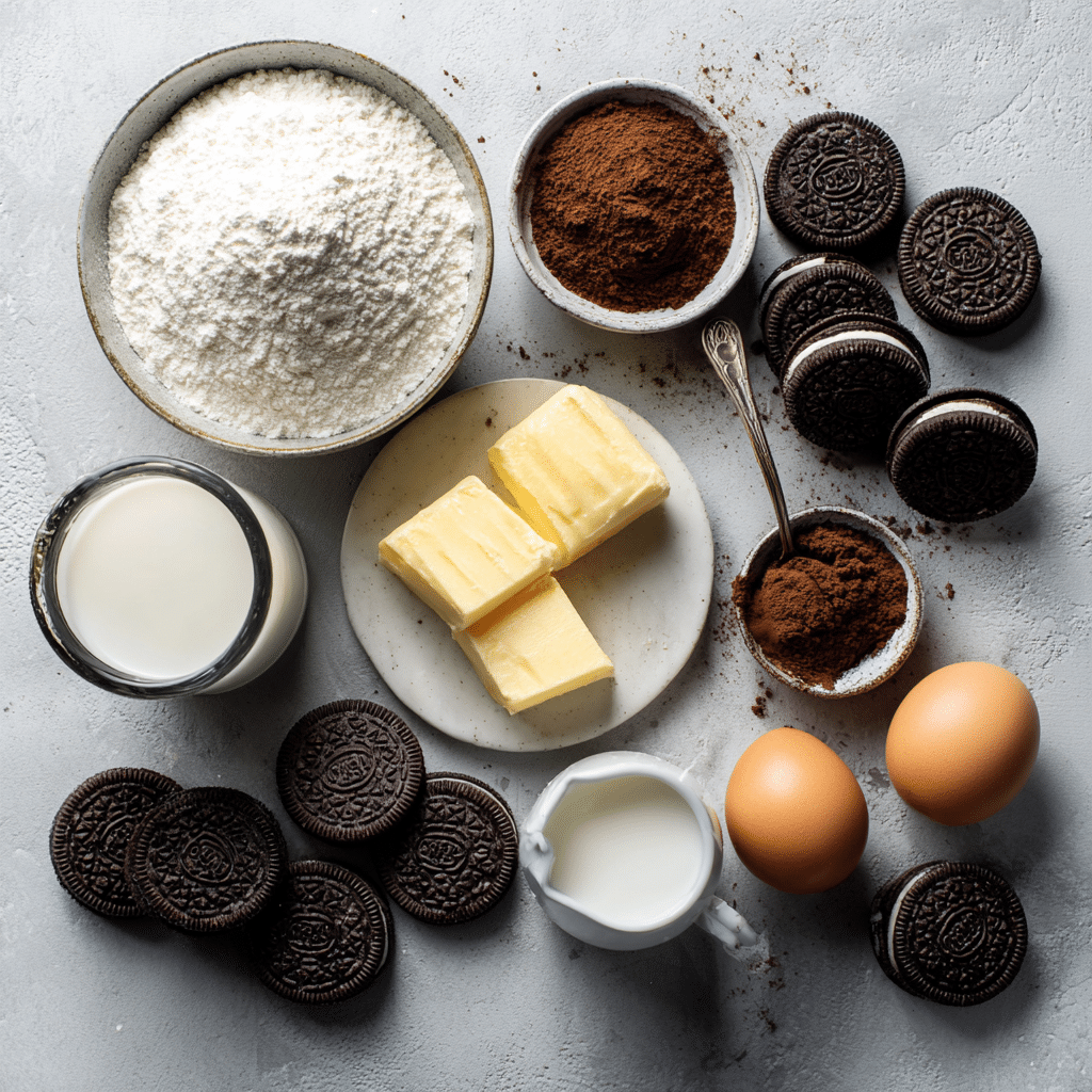 Oreo Cake Recipe ingredients casually arranged on a kitchen counter