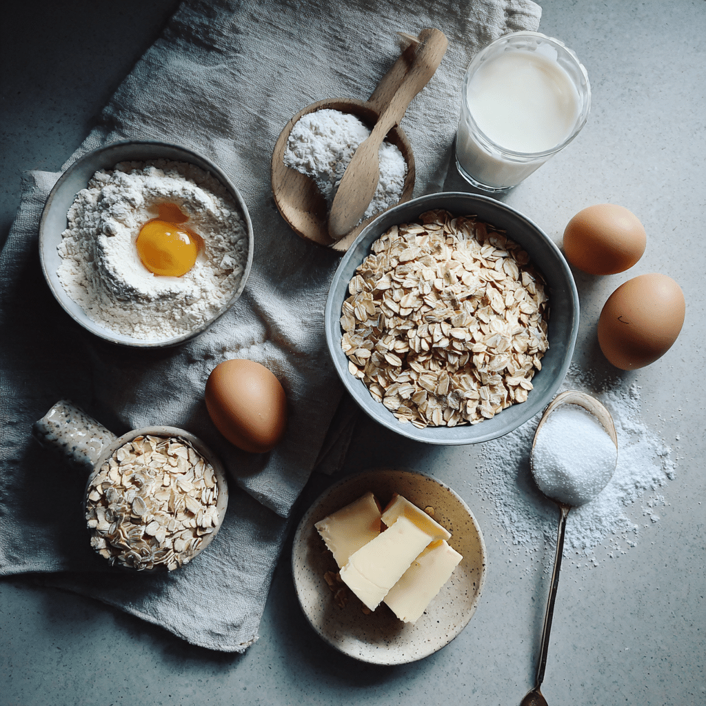 Ingredients for oatmeal muffins on a casual kitchen counter