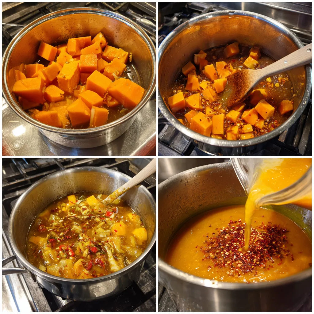 tep-by-step amateur photos of Spicy Butternut Squash and Sweet Potato Soup cooking