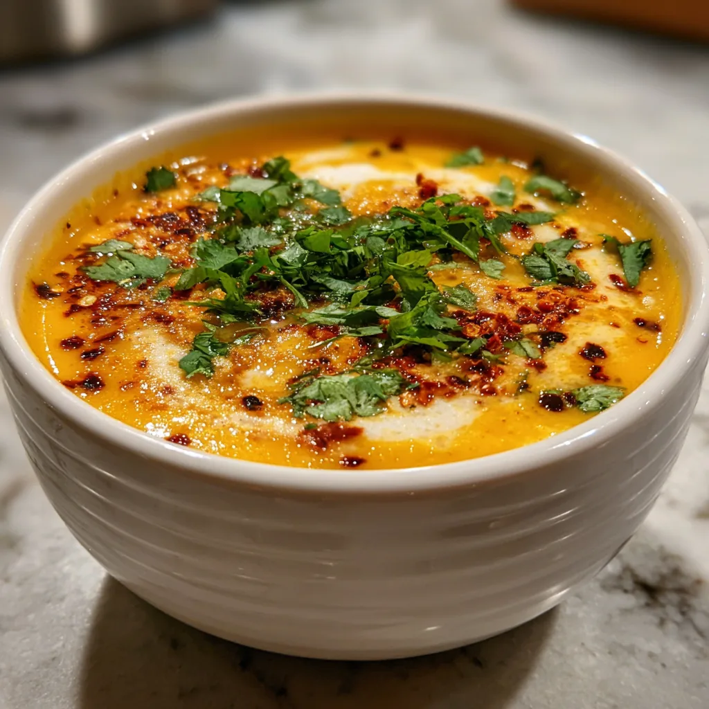 Roasted Butternut Squash Soup with coconut swirl and cilantro garnish