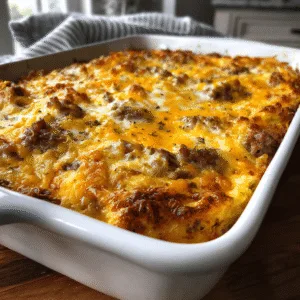 A rustic, amateur-style food photo of Cheesy Sausage Breakfast Casserole baked to golden perfection in a white dish.