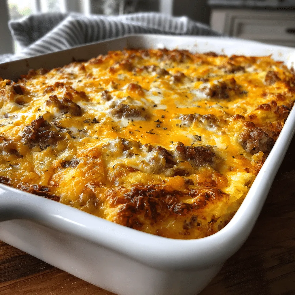 Cheesy Sausage Breakfast Casserole Delight: A Crowd-Pleasing Morning Treat 2 A rustic, amateur-style food photo of Cheesy Sausage Breakfast Casserole baked to golden perfection in a white dish.