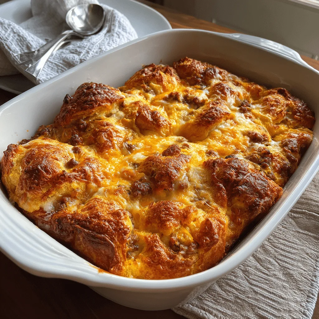Amateur-style photo of Croissant Breakfast Casserole baked with sausage and cheddar