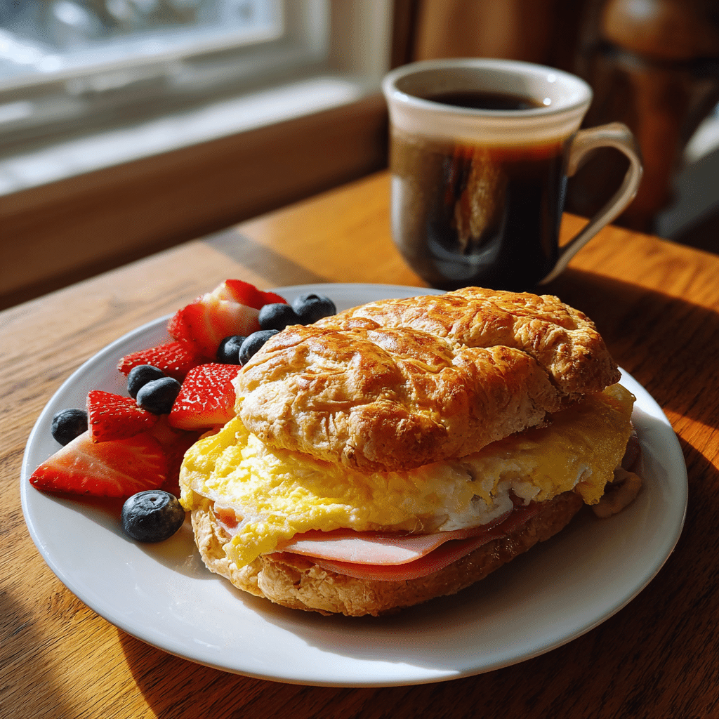 Egg and Ham Breakfast Sandwich served casually with fruit and coffee
