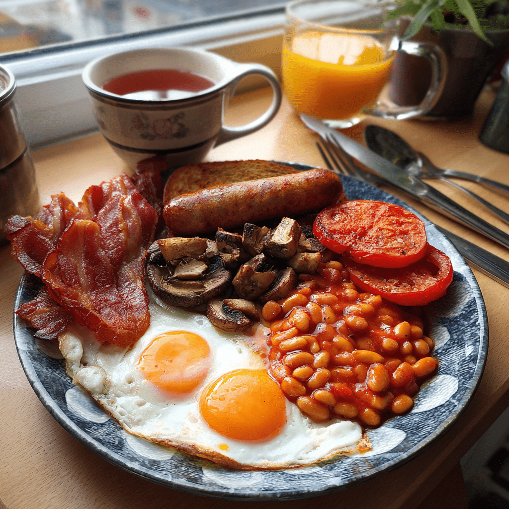 Homemade Full English Breakfast served with tea and juice