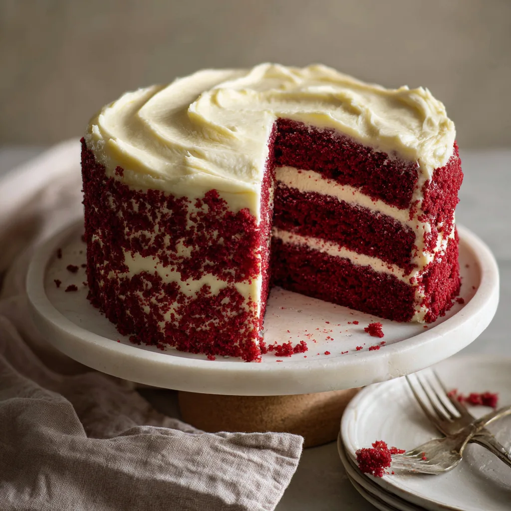 Homemade Red Velvet Cake with cream cheese frosting, amateur photo style