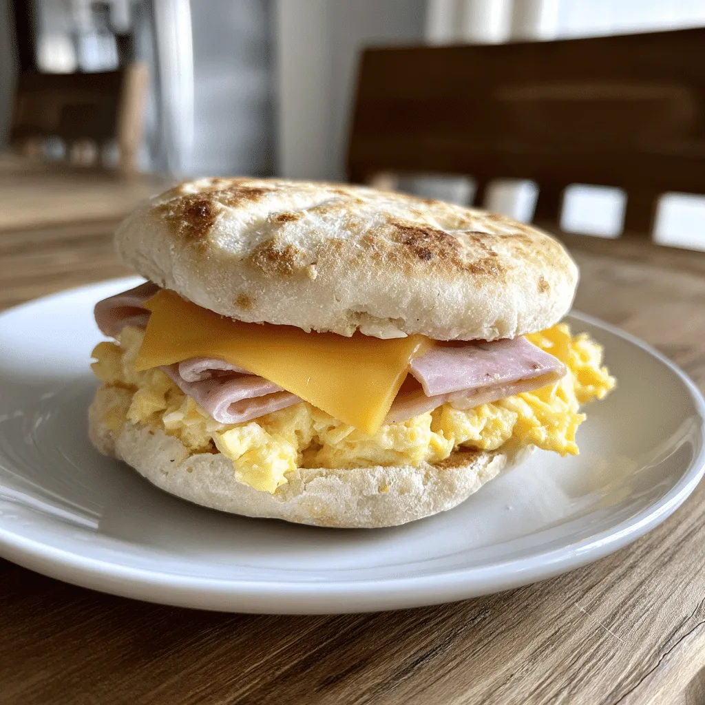Egg and Ham Breakfast Sandwich on a plate with ham, eggs, and cheese