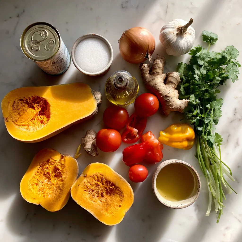 Fresh ingredients for roasted butternut squash soup on a marble counter