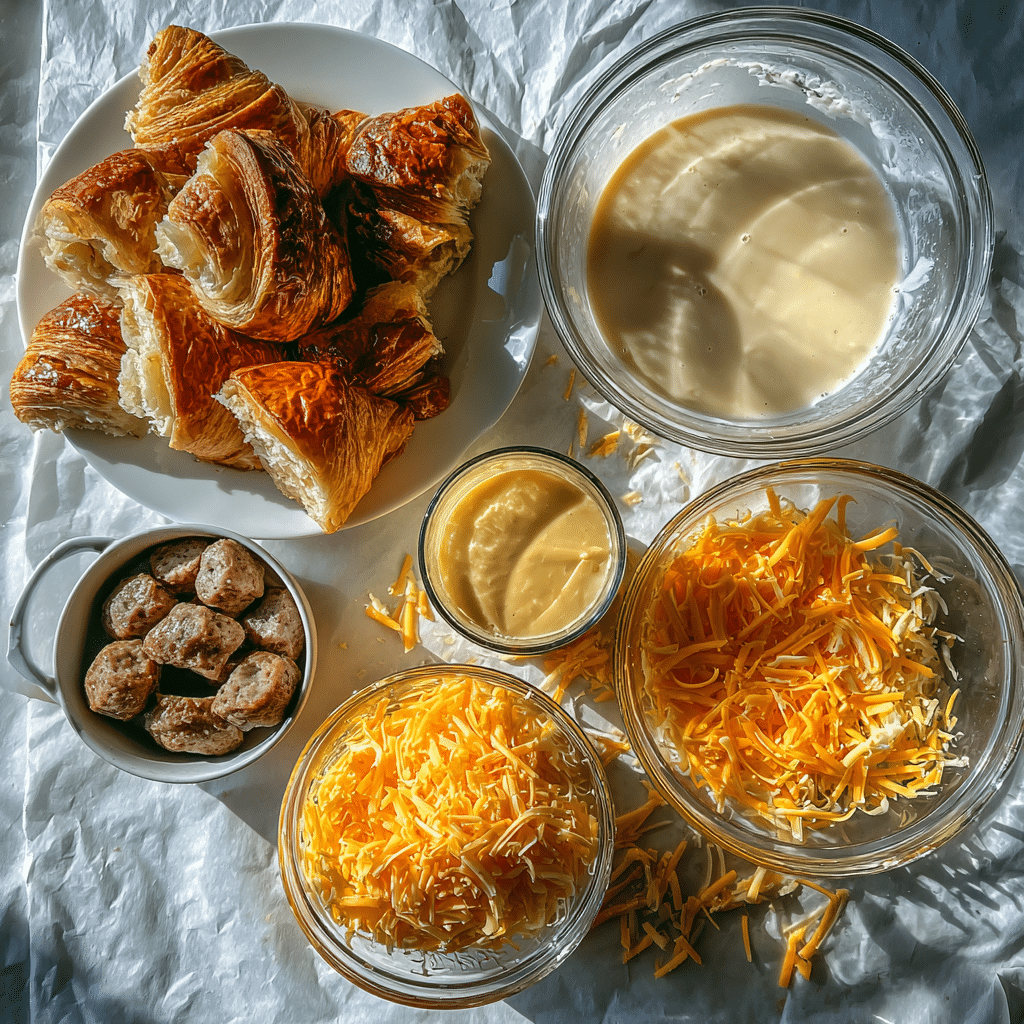 Amateur iPhone photo of Croissant Breakfast Casserole ingredients on kitchen table