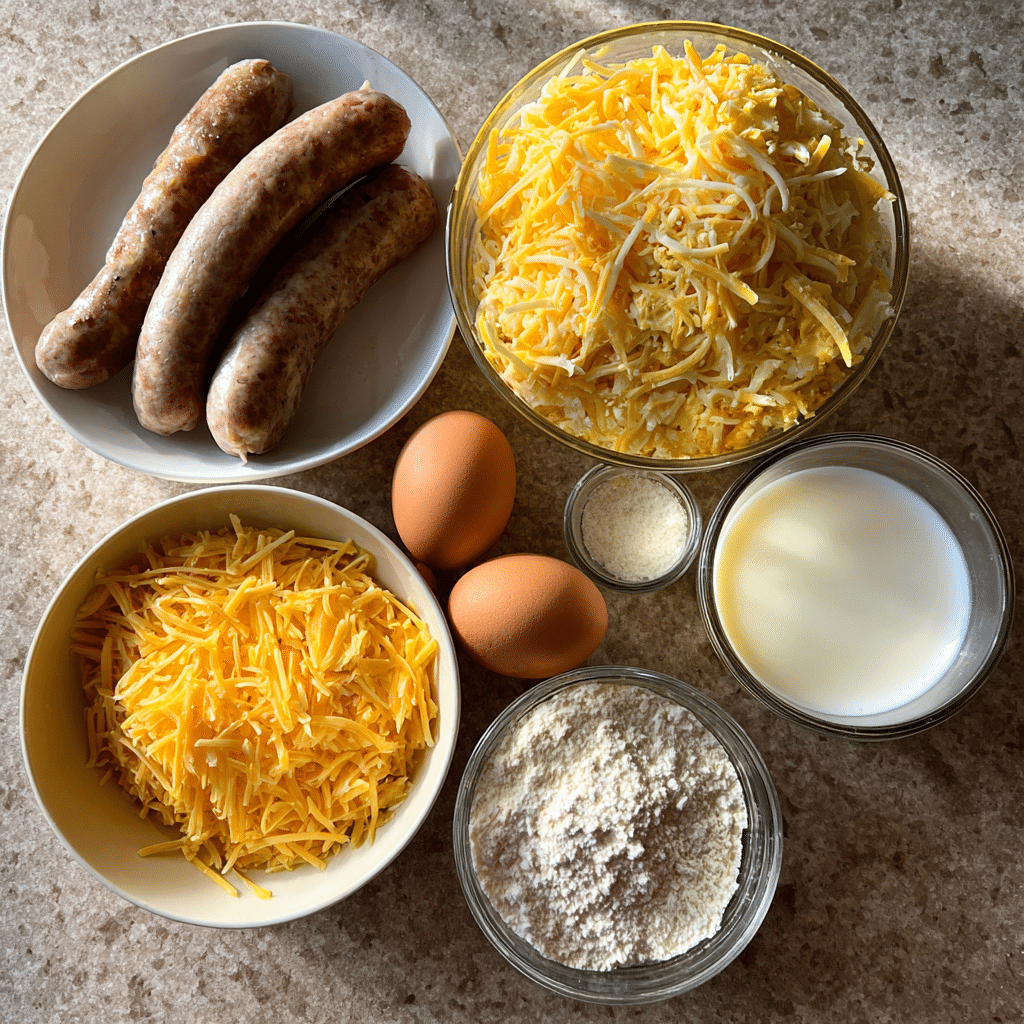 Cheesy Sausage Breakfast Casserole Delight: A Crowd-Pleasing Morning Treat 3 Ingredients for Cheesy Sausage Breakfast Casserole on kitchen counter