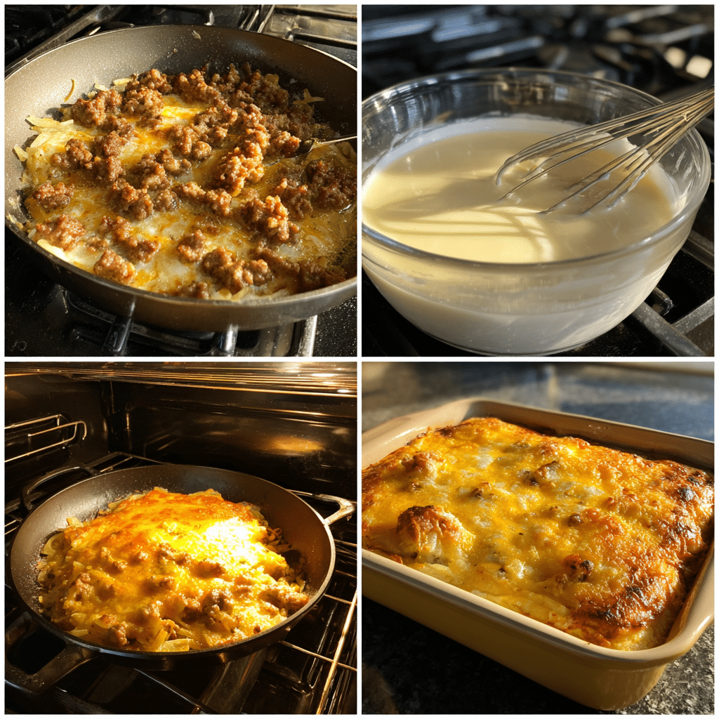 Cheesy Sausage Breakfast Casserole Delight: A Crowd-Pleasing Morning Treat 4 Step-by-step collage of Cheesy Sausage Breakfast Casserole preparation