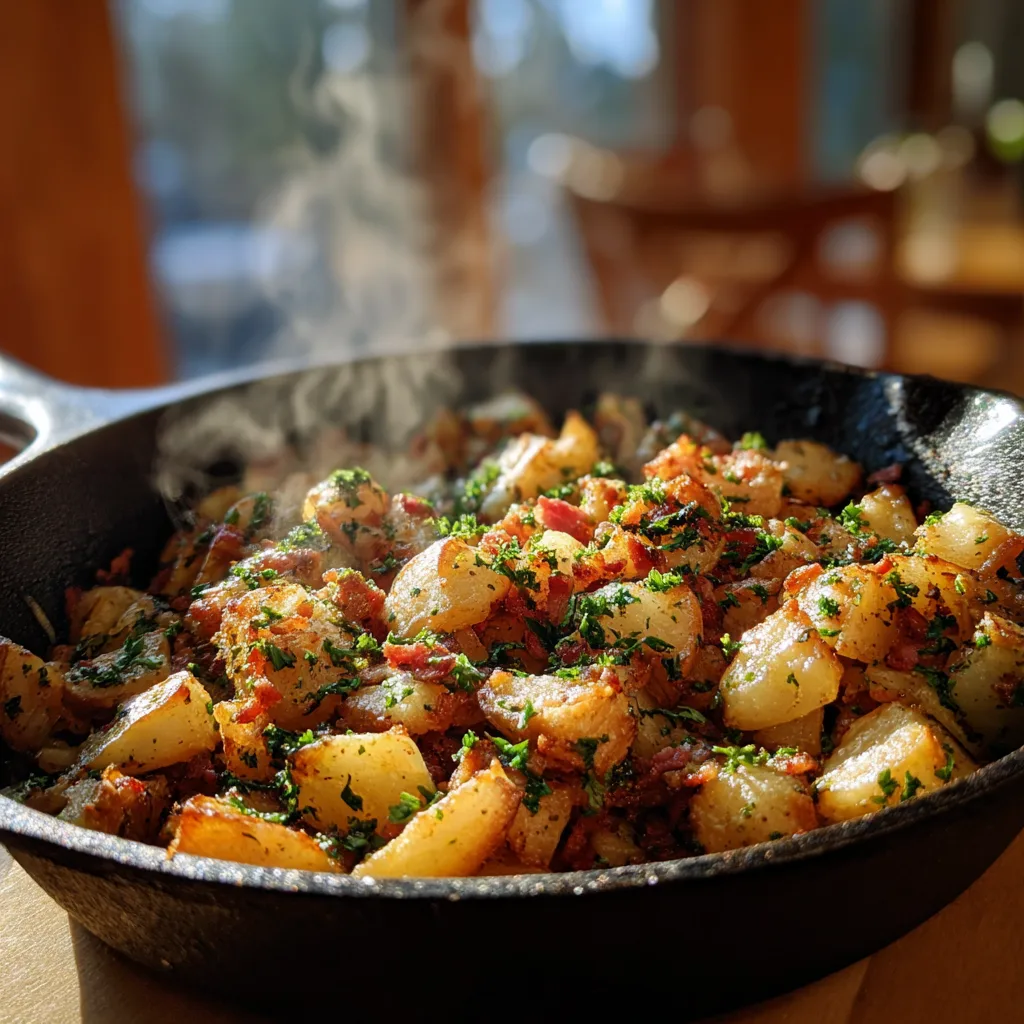 Bangin’ Breakfast Potatoes – crispy golden potatoes with bacon and garlic in a skillet