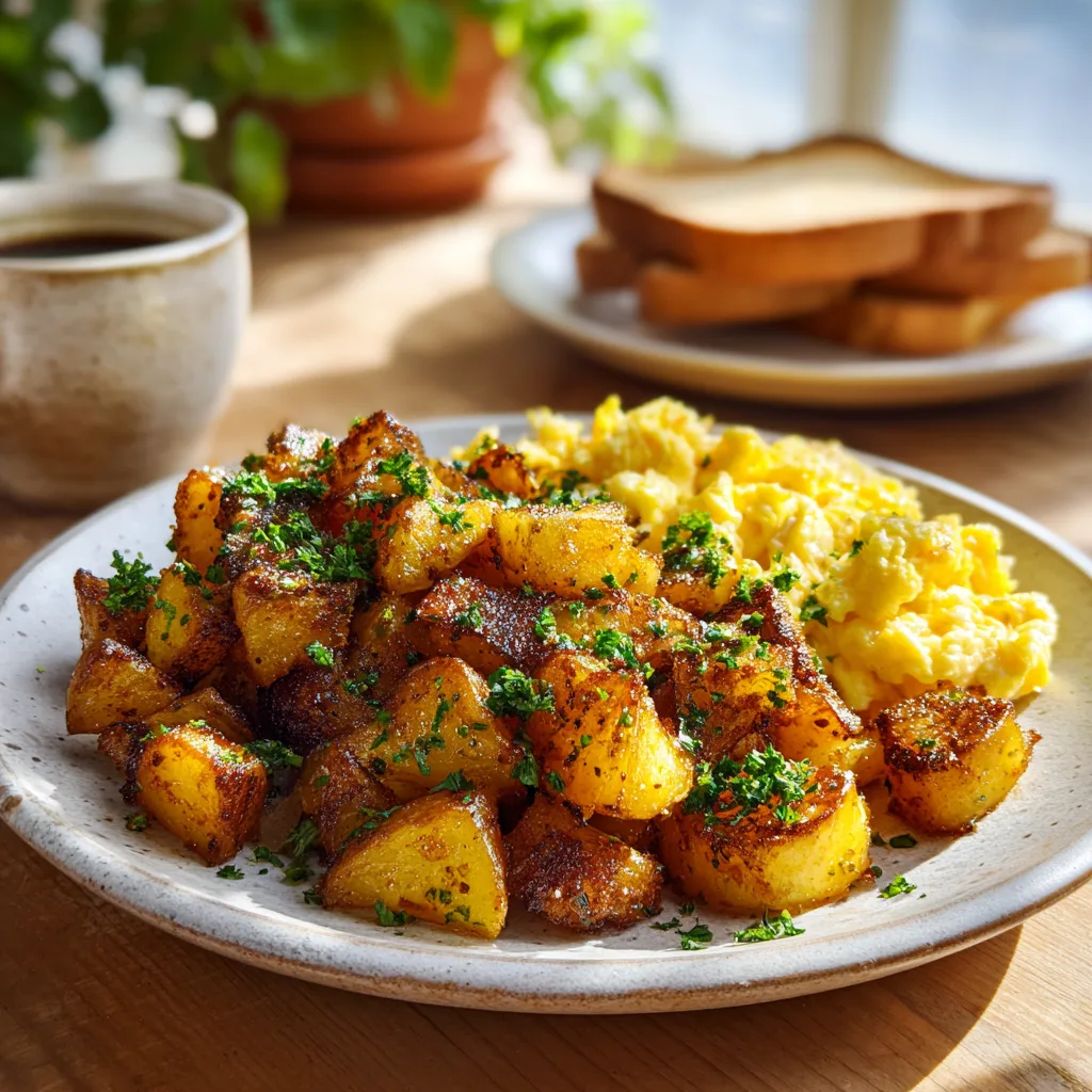 Serving Bangin’ Breakfast Potatoes with eggs and toast – homemade breakfast plate