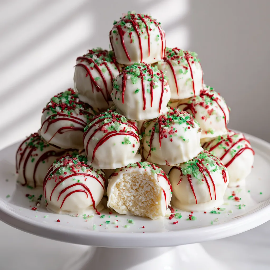 Christmas Tree Cake truffles on white stand with red drizzle and green sanding sugar (iPhone 15 Pro, homemade)