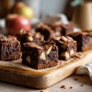 Apple Brownie Bites on a wooden board showing gooey chocolate and apple chunks