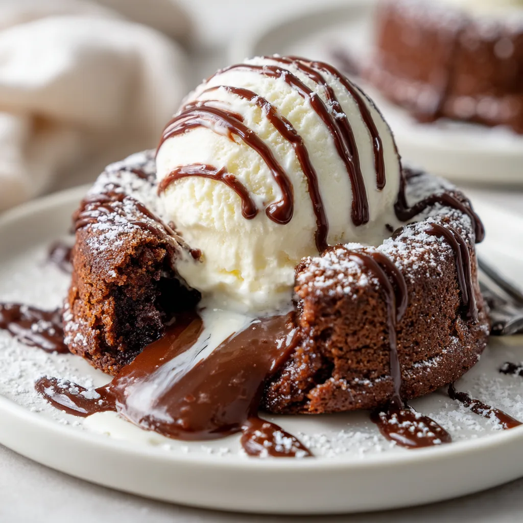 Hot Chocolate Lava Cake served with vanilla ice cream and chocolate drizzle