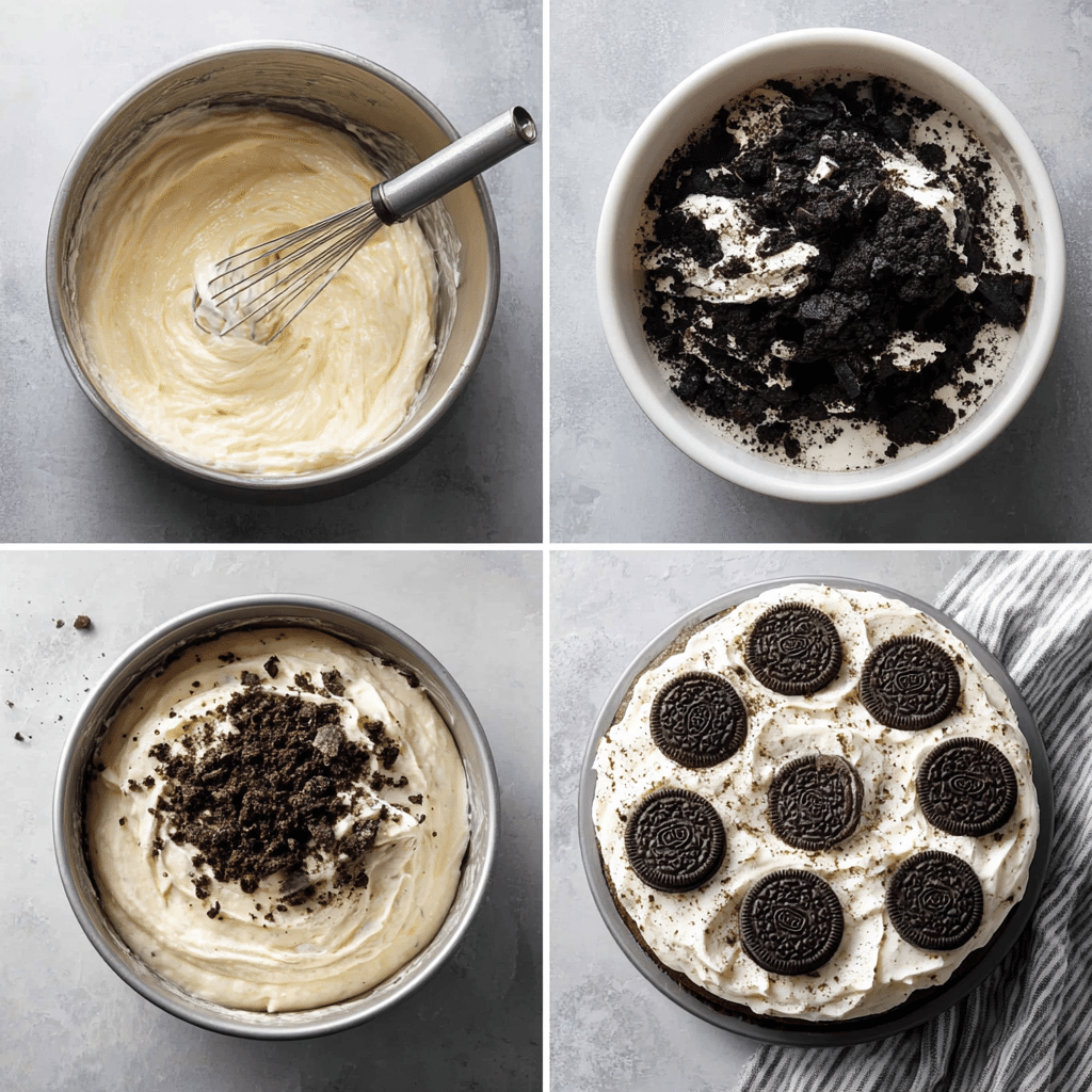 Oreo Cake Recipe steps including mixing, folding Oreos, baking, and frosting