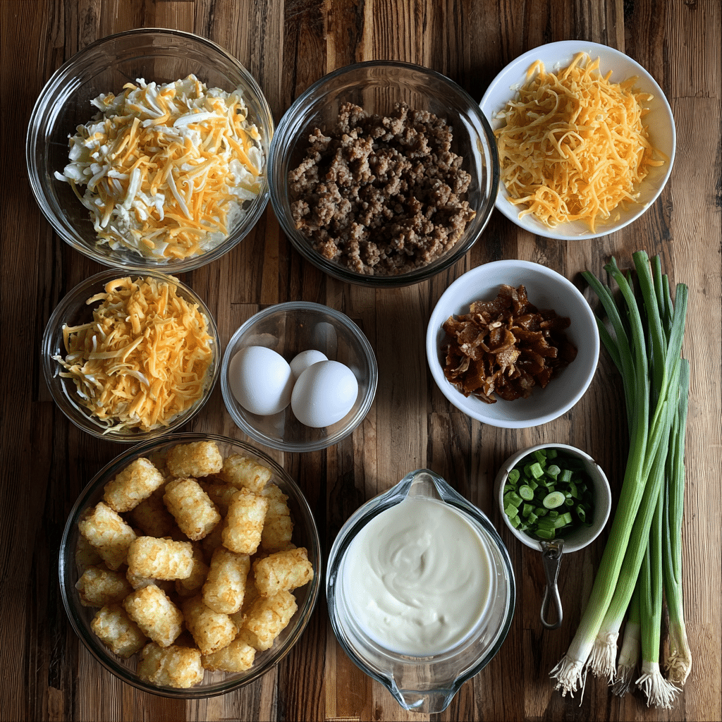 Ingredients for Cracked Out Tater Tot Breakfast Casserole casually arranged on a kitchen table