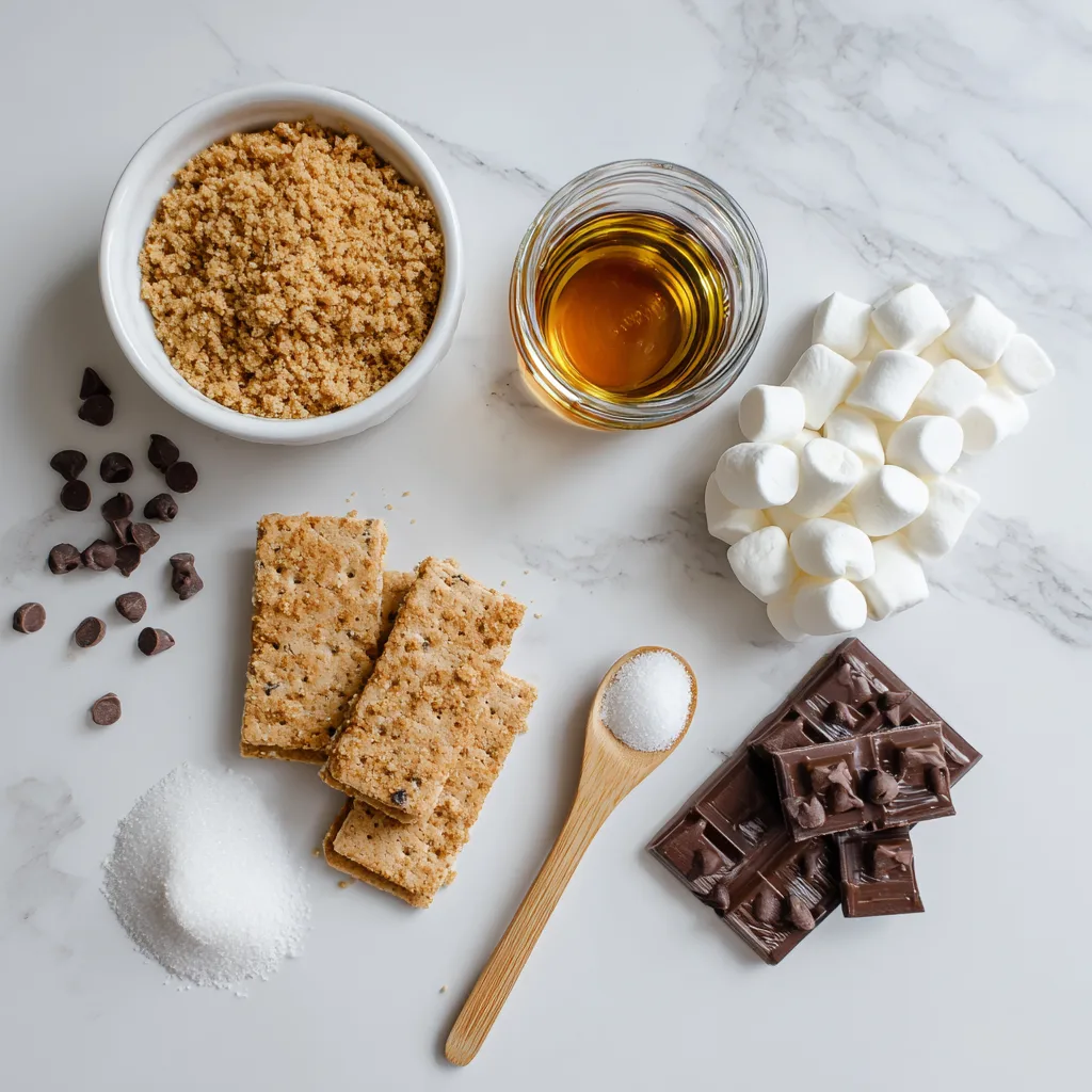 Winter S’mores Bars ingredients laid out on white marble