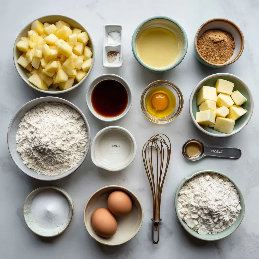 Ingredients for Apple Blondies with Brown Butter Frosting arranged on countertop