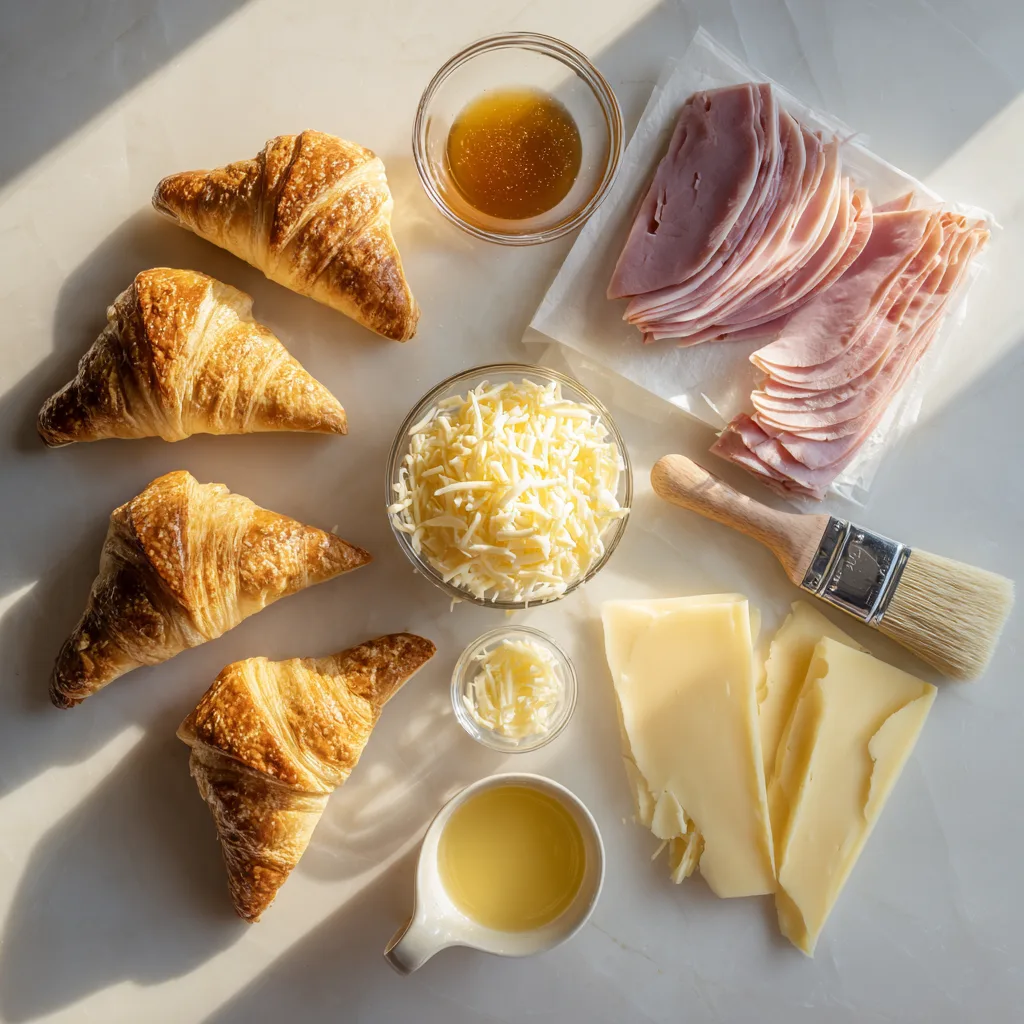 Baked Ham and Cheese Croissants: Irresistible Simple Brunch Food for Family 3 Ingredients for Baked Ham and Cheese Croissants – croissant dough, ham, Swiss cheese, mustard, and butter.
