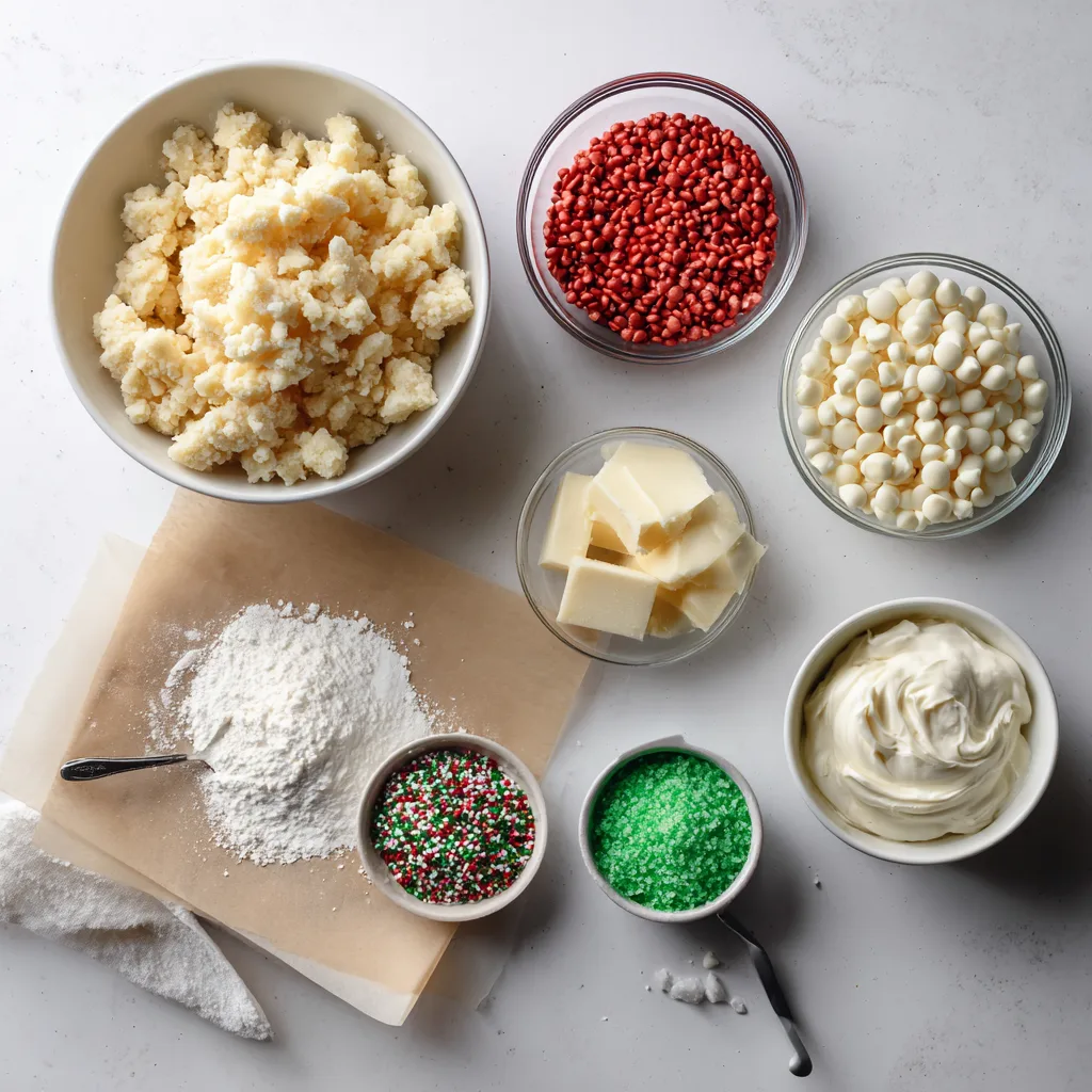 Ingredients for Christmas Tree Cake truffles—tree cakes, white chocolate, red melts, green sanding sugar, and sprinkles.