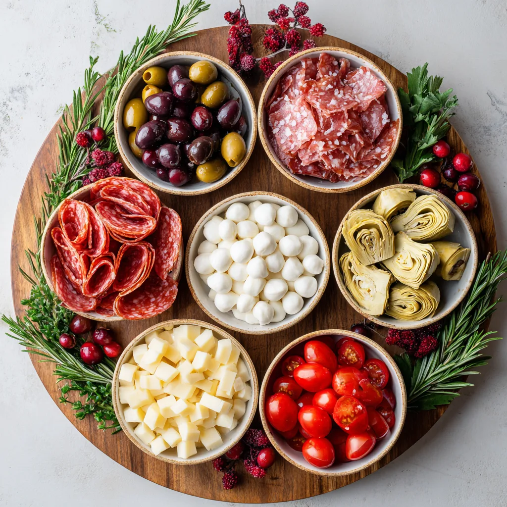 Christmas Antipasto Wreath Platter: The Best Christmas Appetizers for Your Party 2 Christmas Antipasto Wreath Platter ingredients displayed on wooden board