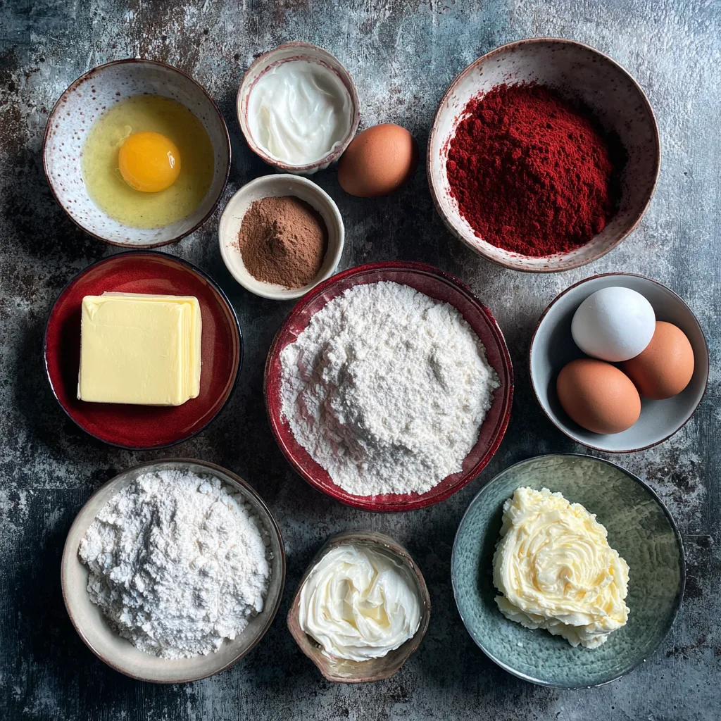 Red Velvet Cake ingredients on kitchen counter amateur photo