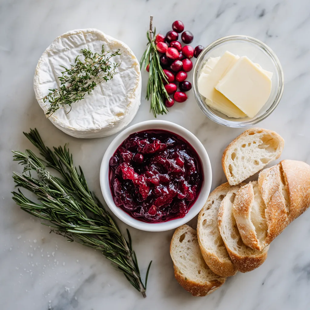 Ingredients for Festive Brie & Cranberry Crostini (5-Minute Appetizer) on marble counter
