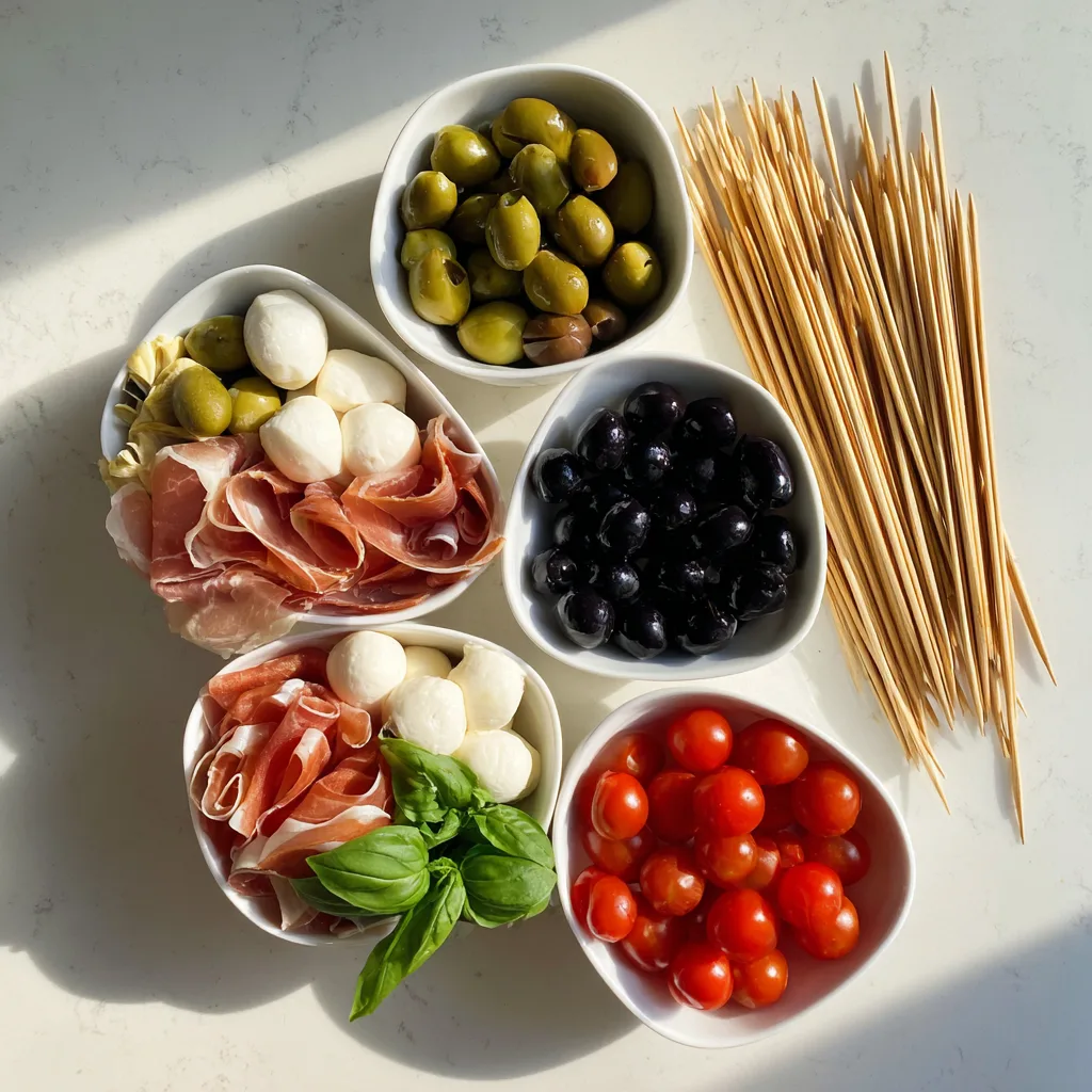 Italian Antipasto Skewers with Mozzarella & Olives, the Ultimate Christmas Appetizers for Your Party 2 Ingredients for Italian Antipasto Skewers with Mozzarella & Olives on white surface