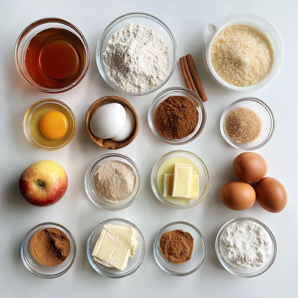 Ingredients for Apple Cider Donut Cake arranged on white surface
