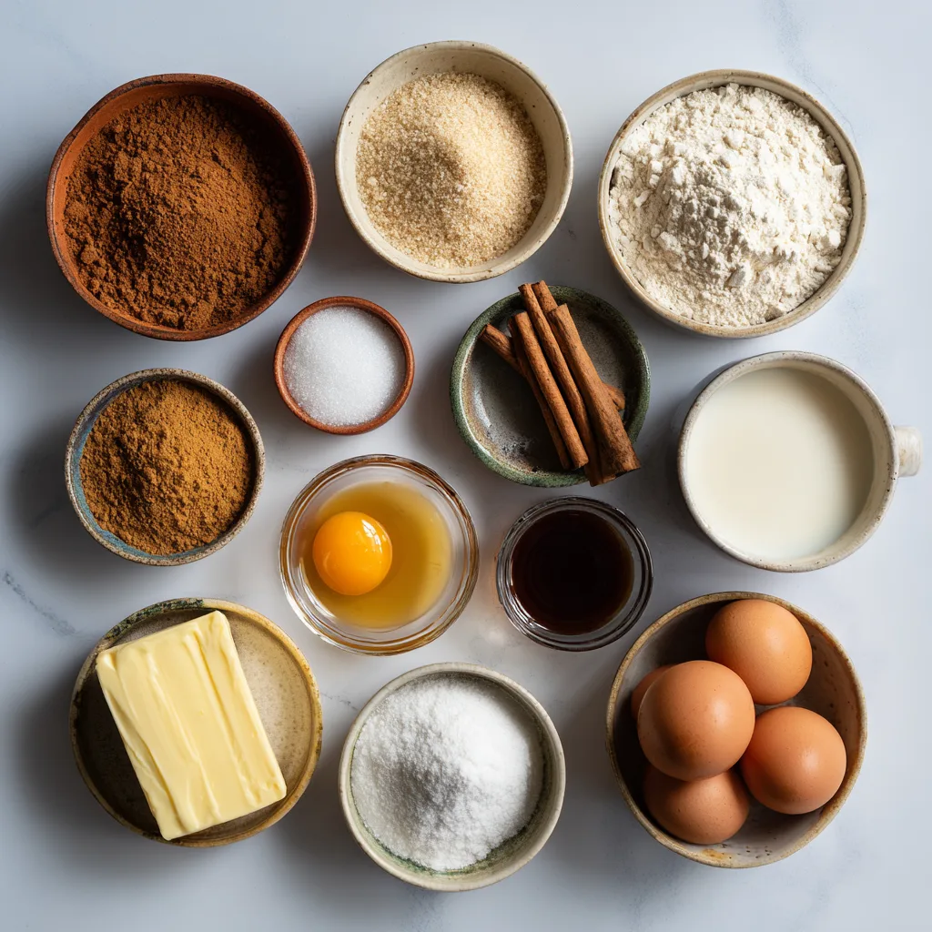 Gingerbread Mug Cake ingredients – flour, molasses, cinnamon, and butter on kitchen counter.