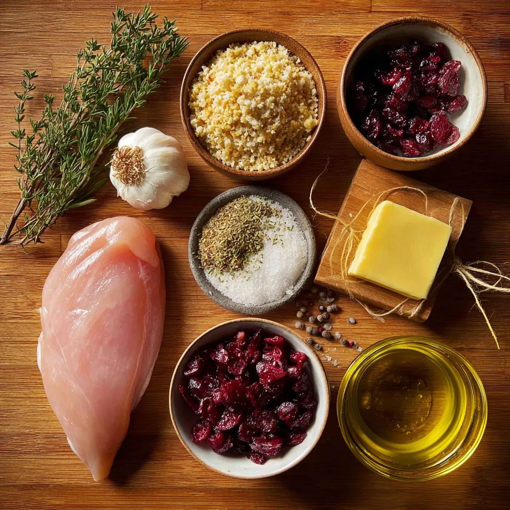Ingredients for Christmas stuffed turkey breast including cranberries, herbs, and breadcrumbs