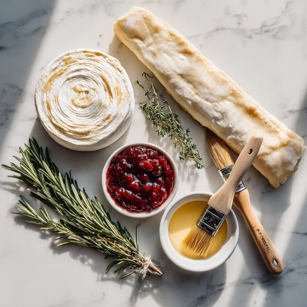 Ingredients for Cranberry Brie Pastry Twists on marble countertop with brie, cranberry sauce, and puff pastry.