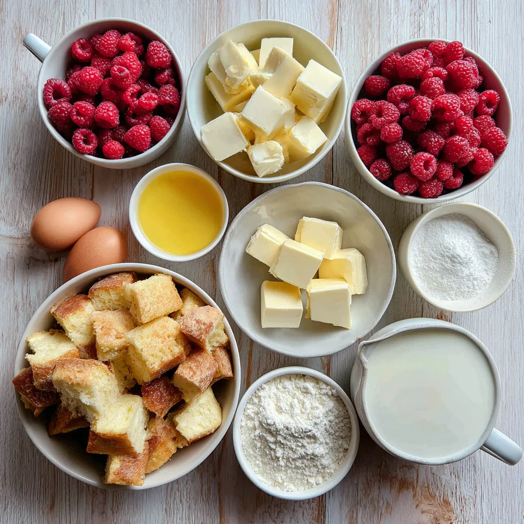 Ingredients for White Chocolate Raspberry Bread Pudding on a wooden table