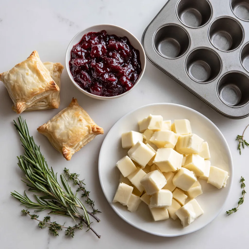 Ingredients for Baked Cranberry Brie Cups with Rosemary – puff pastry, brie, cranberry sauce