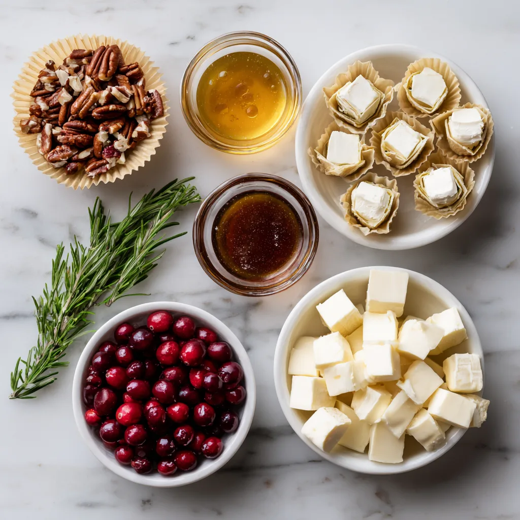 Ingredients for Cranberry, Brie & Pecan Phyllo Cups with phyllo shells, brie, cranberries, and pecans