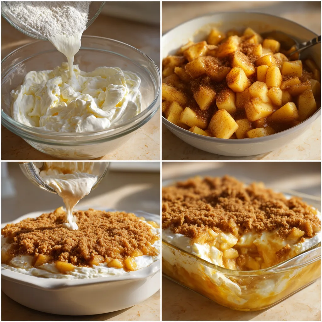 Baked Apple Cheesecake Dip: A Joyful Thanksgiving Desserts Favorite 4 Step-by-step collage showing how to make Baked Apple Cheesecake Dip