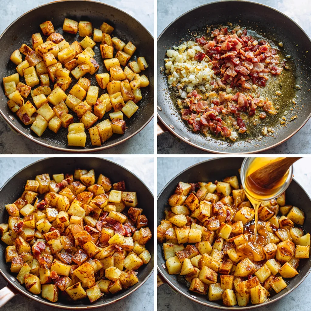 Cooking steps for Bangin’ Breakfast Potatoes – browning, adding bacon, garlic, and syrup