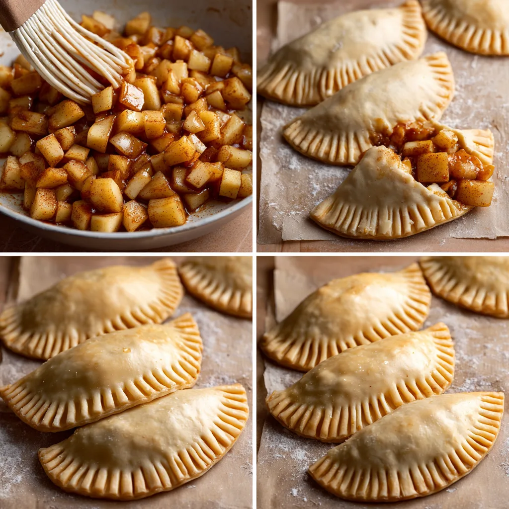 Step-by-step collage showing how to make Caramel Apple Hand Pies from dough to golden bake.