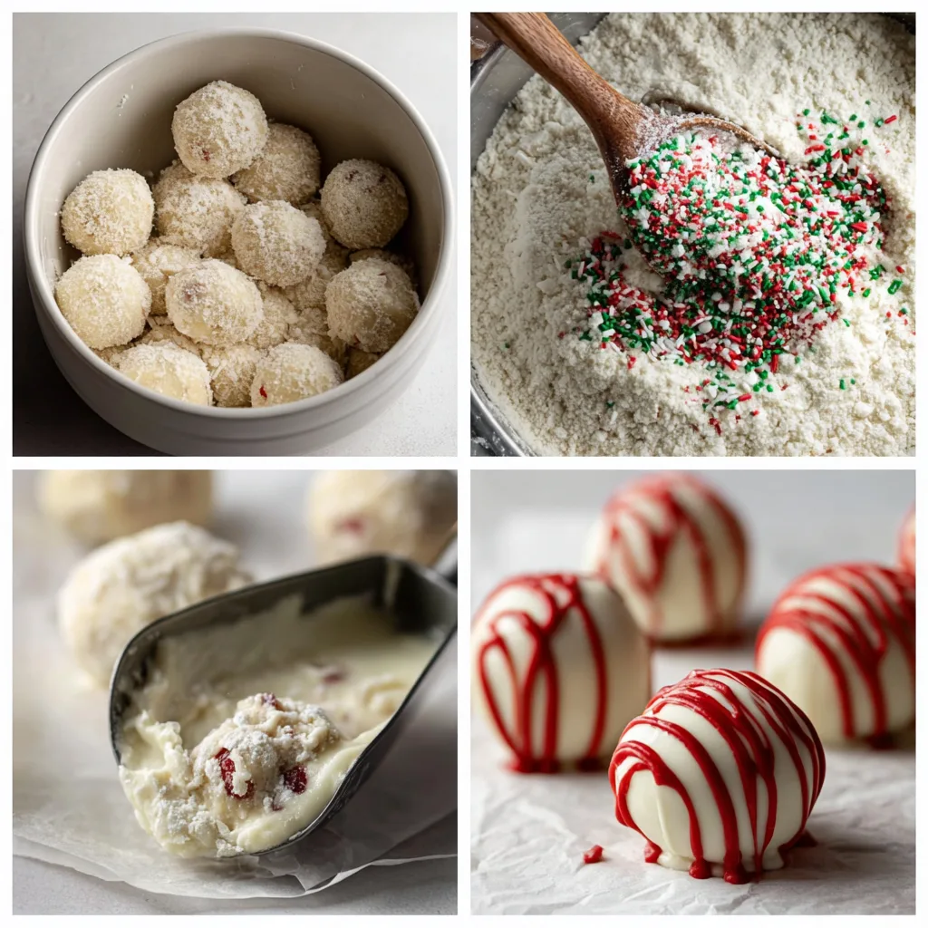 4-step collage showing how to make Christmas Tree Cake truffles: crumble, mix, roll, dip and decorate.