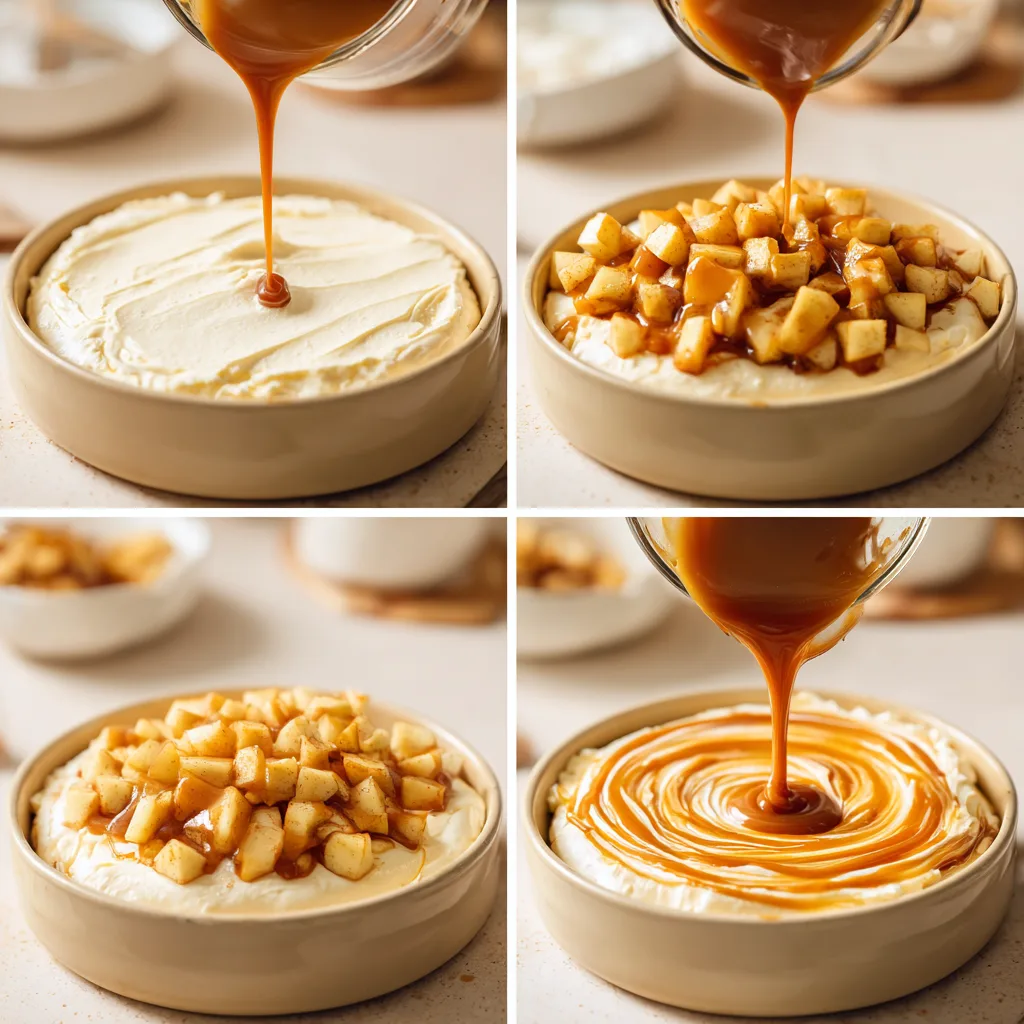 Step-by-step making of Cream Cheese Caramel Apple Dip in four panels