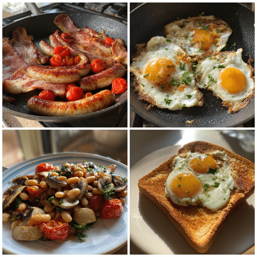 Homemade step-by-step cooking Full English Breakfast – bacon, eggs, mushrooms, beans on toast