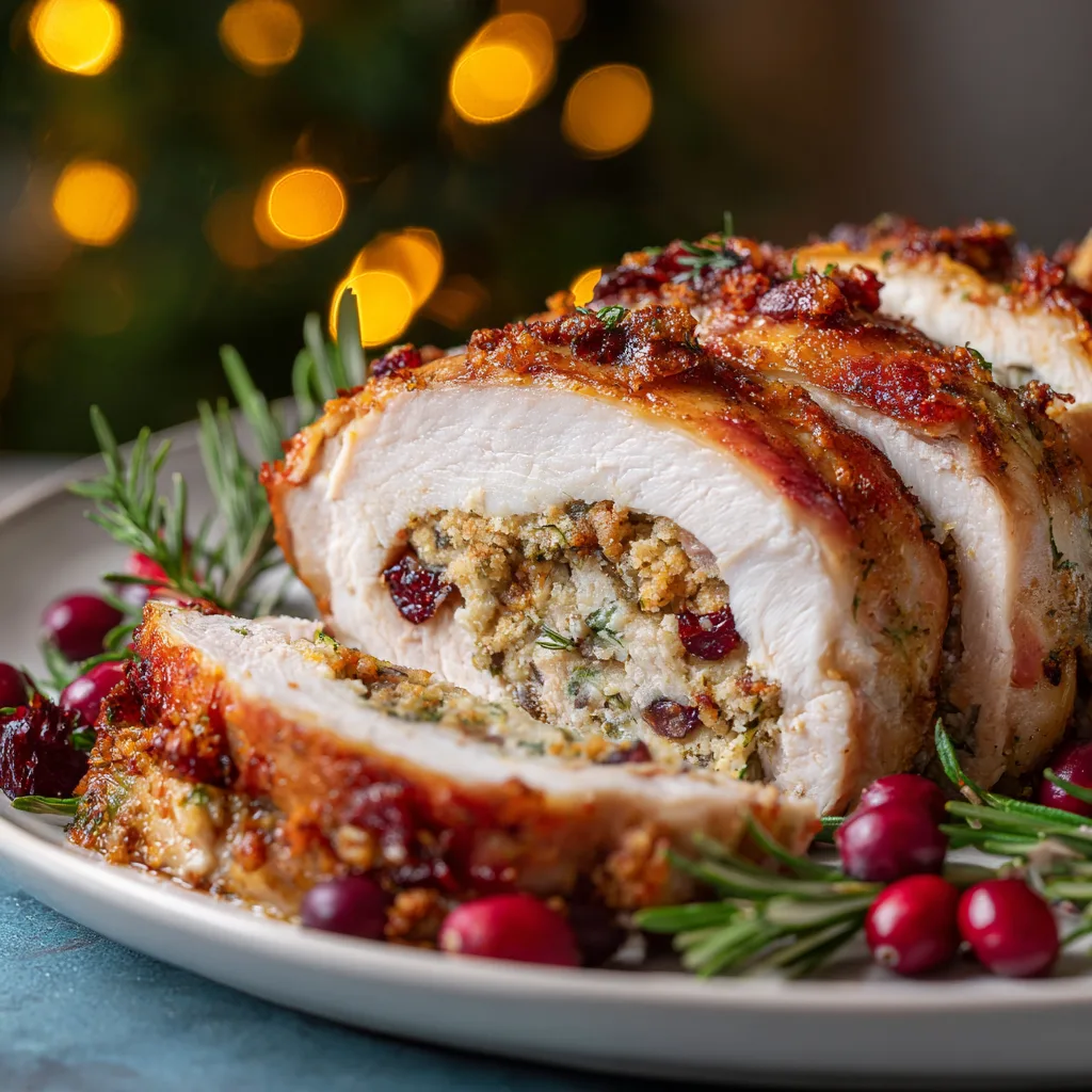 Best Christmas Stuffed Turkey Breast roasted with herbs and cranberries on white platter