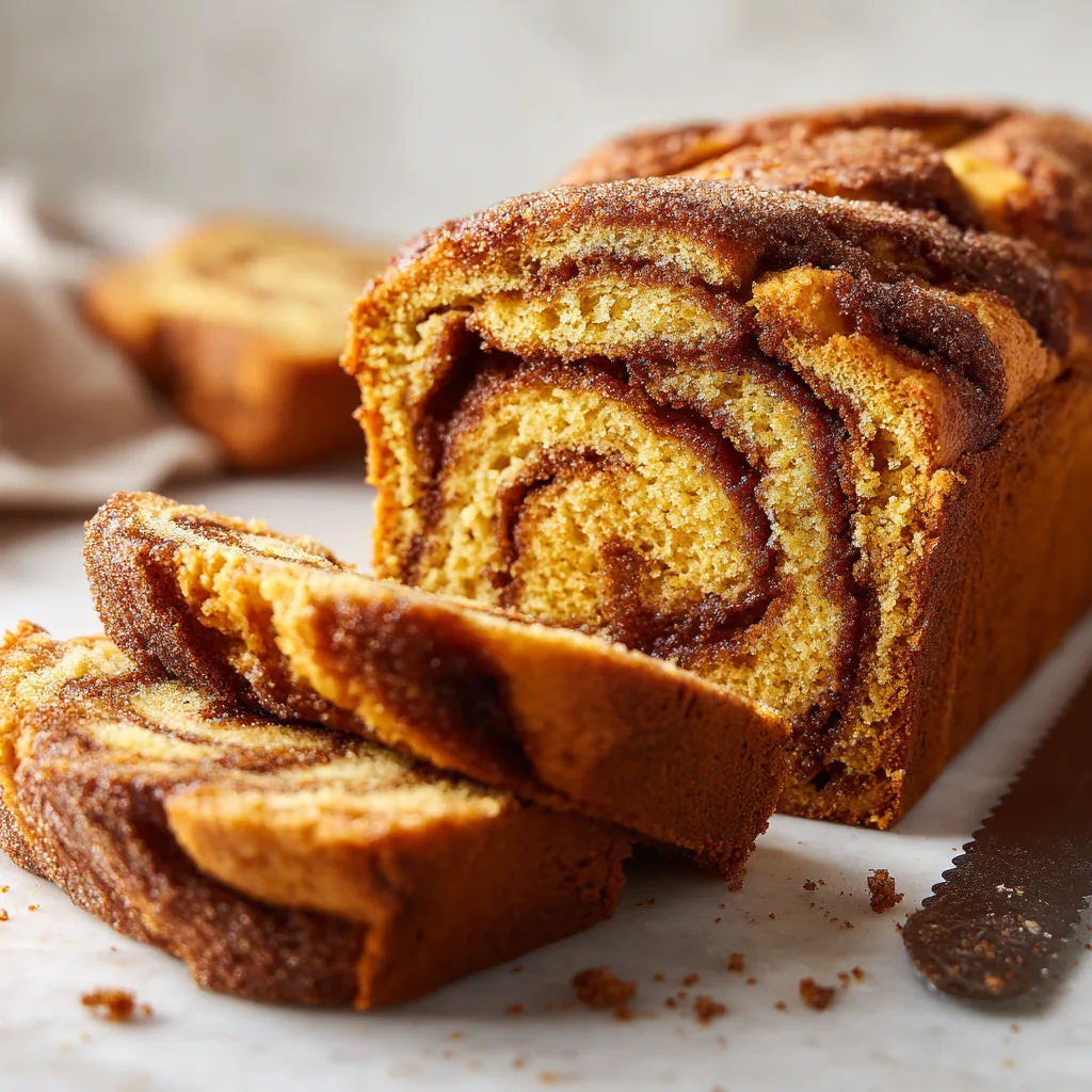 Cinnamon Swirl Pumpkin Loaf sliced on counter with visible cinnamon sugar swirl
